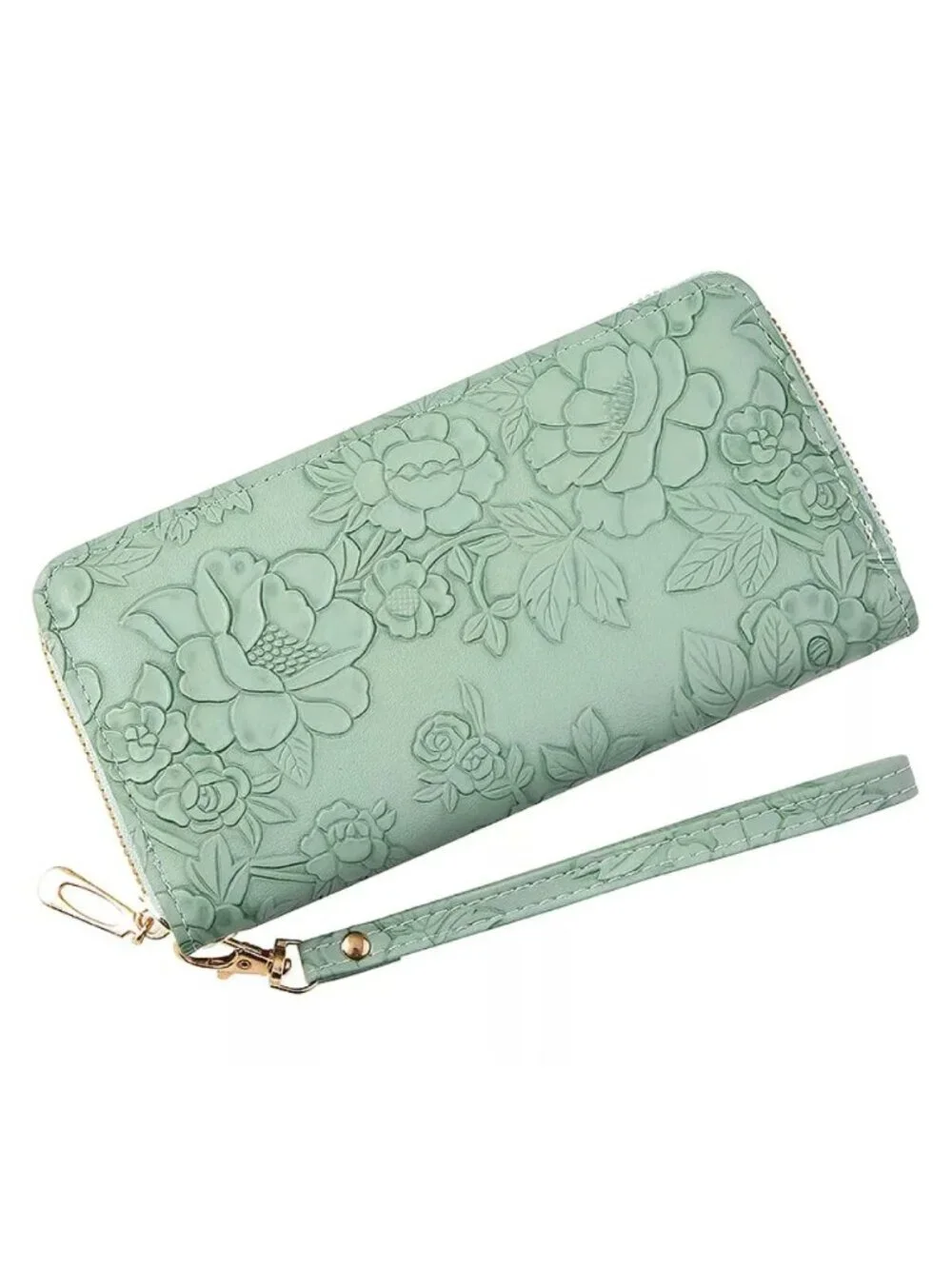 PU Leather Green Floral Embossed Wallet With Wristlet Strap Zipper Closure Multi
